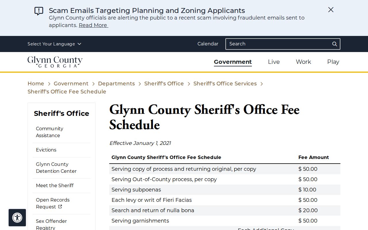 Glynn County warrant check official record fee schedule
