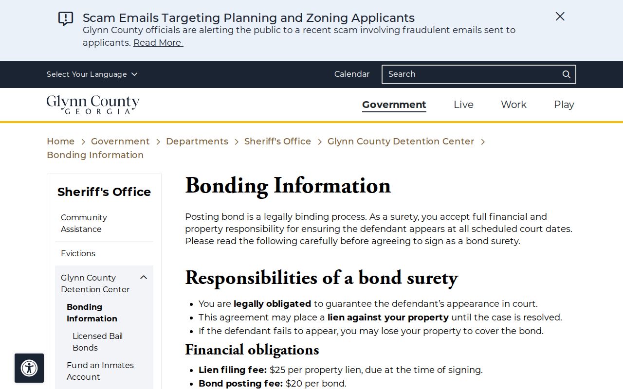 Glynn County warrant bond and surety obligations