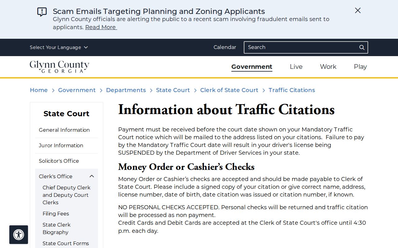Glynn County active traffic warrant clerk instructions